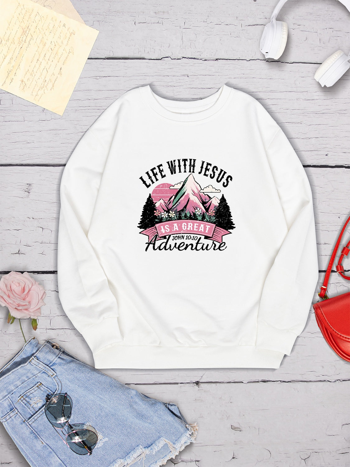 LIFE WITH JESUS IS A GREAT ADVENTURE Round Neck Sweatshirt