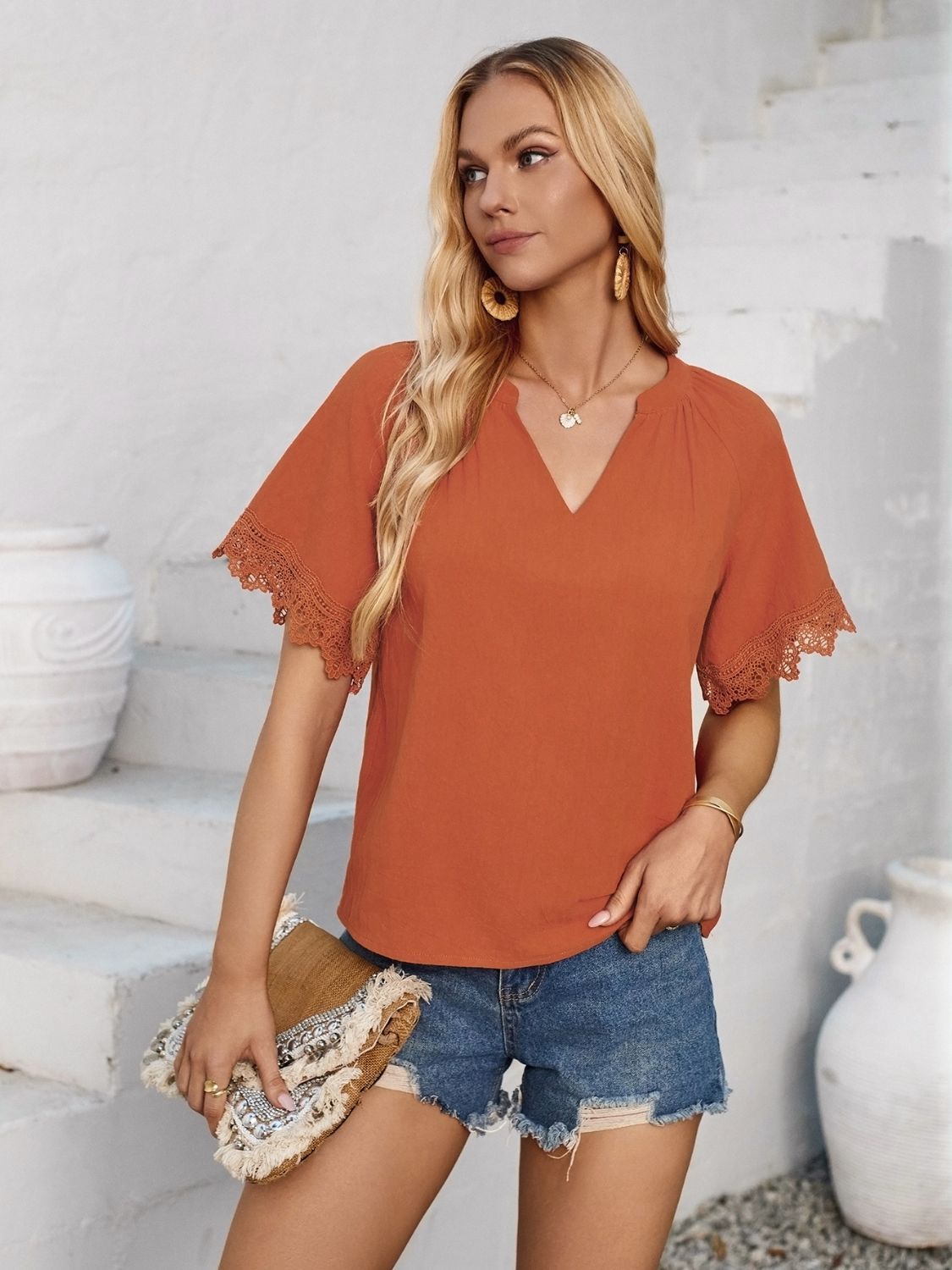 Lace Detail Notched Short Sleeve Blouse