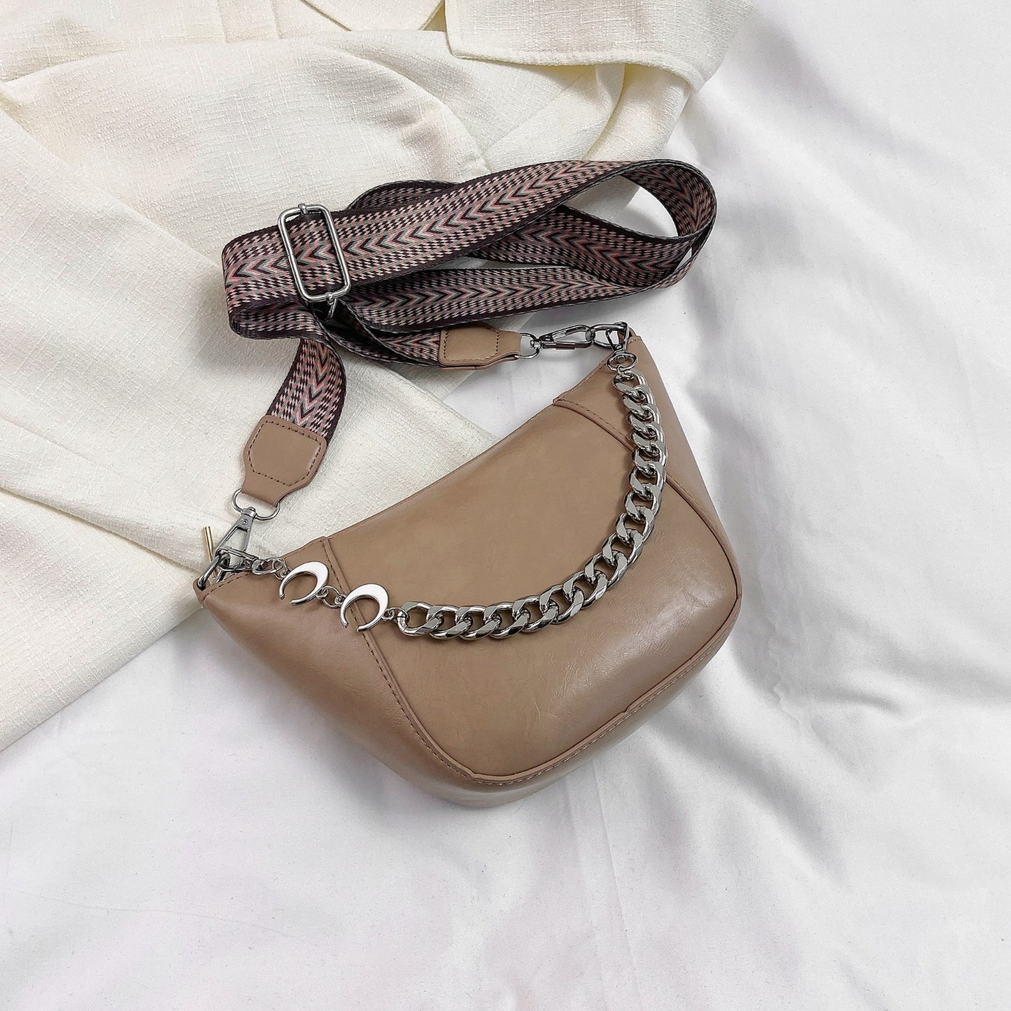 PU Leather Chain Trim Crossbody Bag