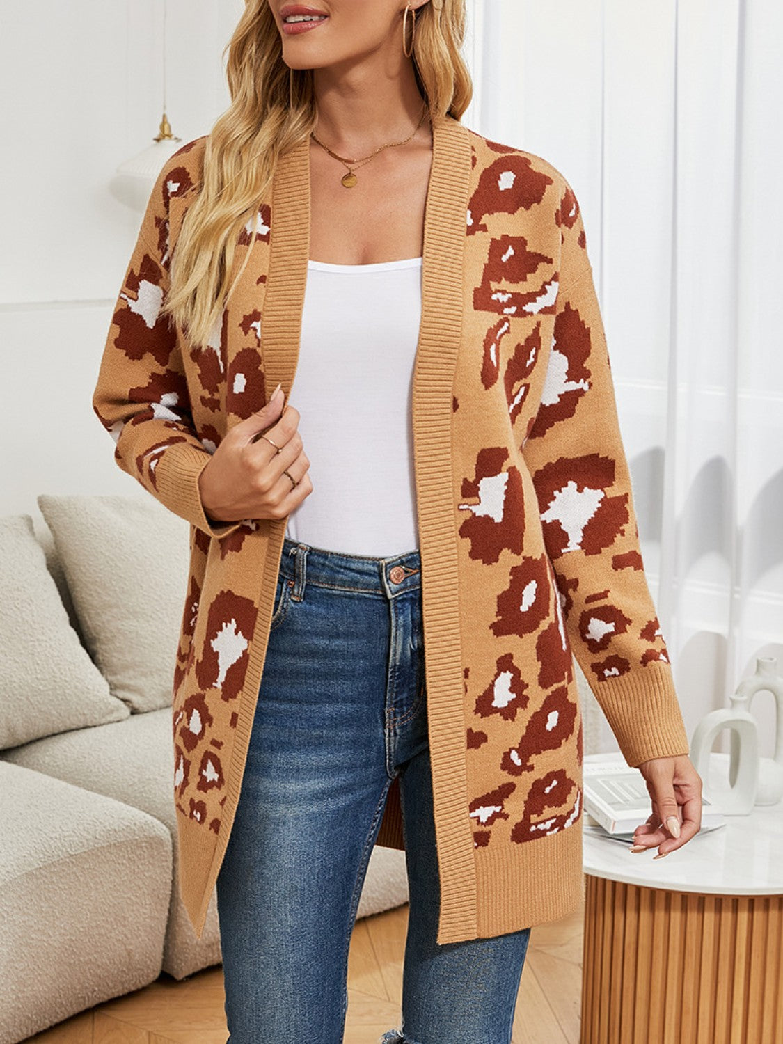 Leopard Open Front Dropped Shoulder Cardigan