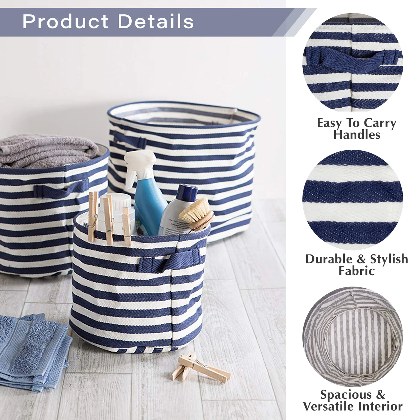 Pe Coated Herringbone Woven Cotton Laundry Bin Stripe French Blue Rectangle Large 16X12.5X9.5 Set/2 