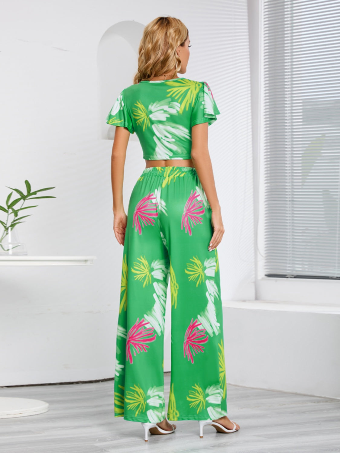 Printed V-Neck Top and Tied Pants Set