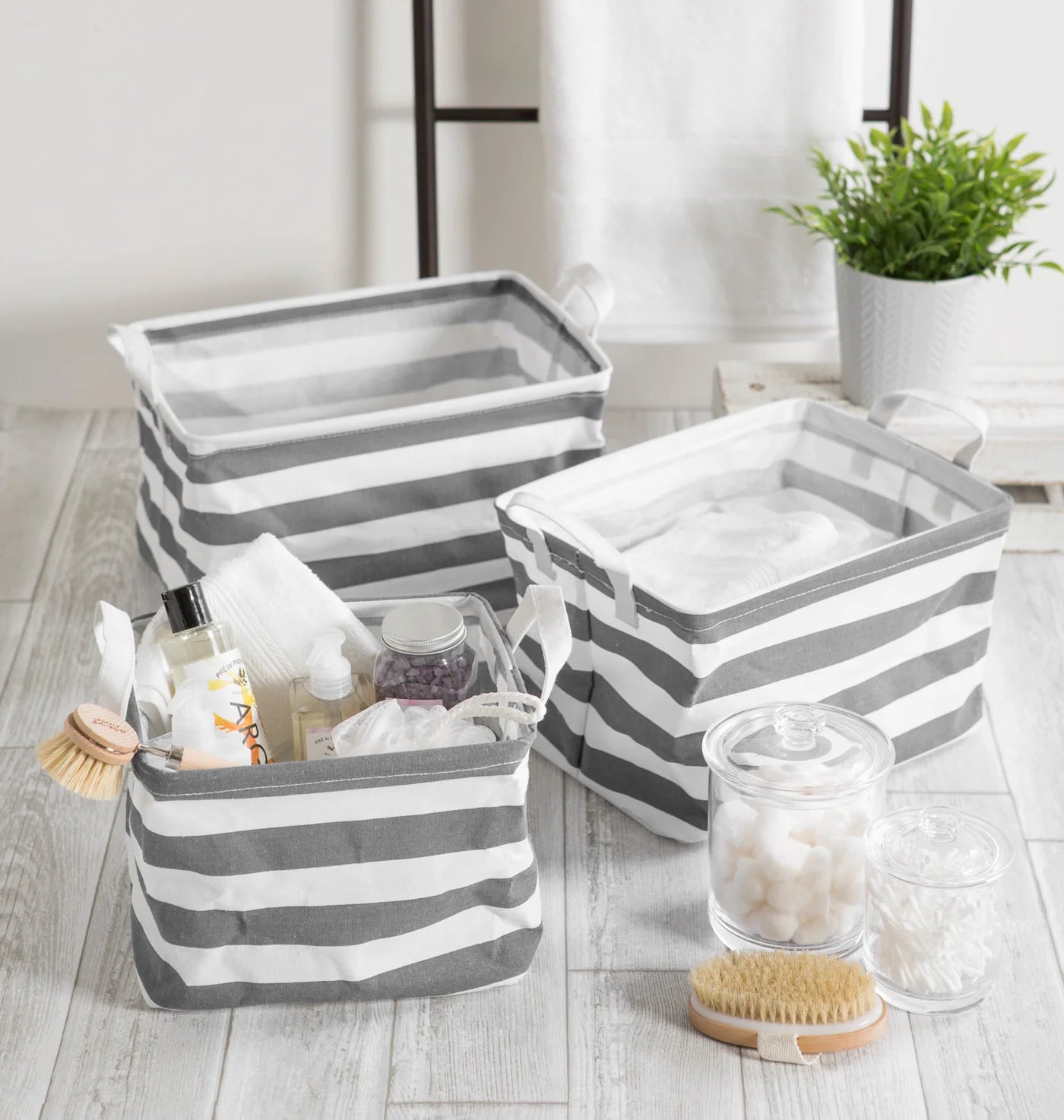 Pe Coated Cotton/Poly Laundry Bin Stripe Gray Rectangle Asst Small Set/3 