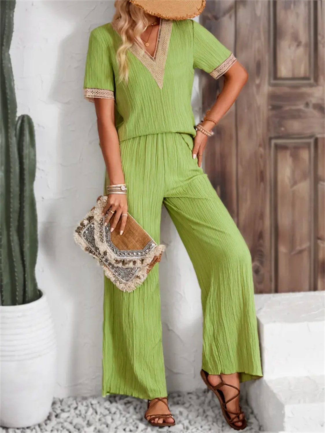 V-Neck Short Sleeve Top and Pants Set