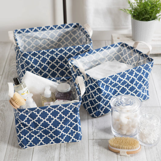 Pe Coated Cotton/Poly Laundry Bin Lattice Nautical Blue Rectangle Asst Small Set/3 