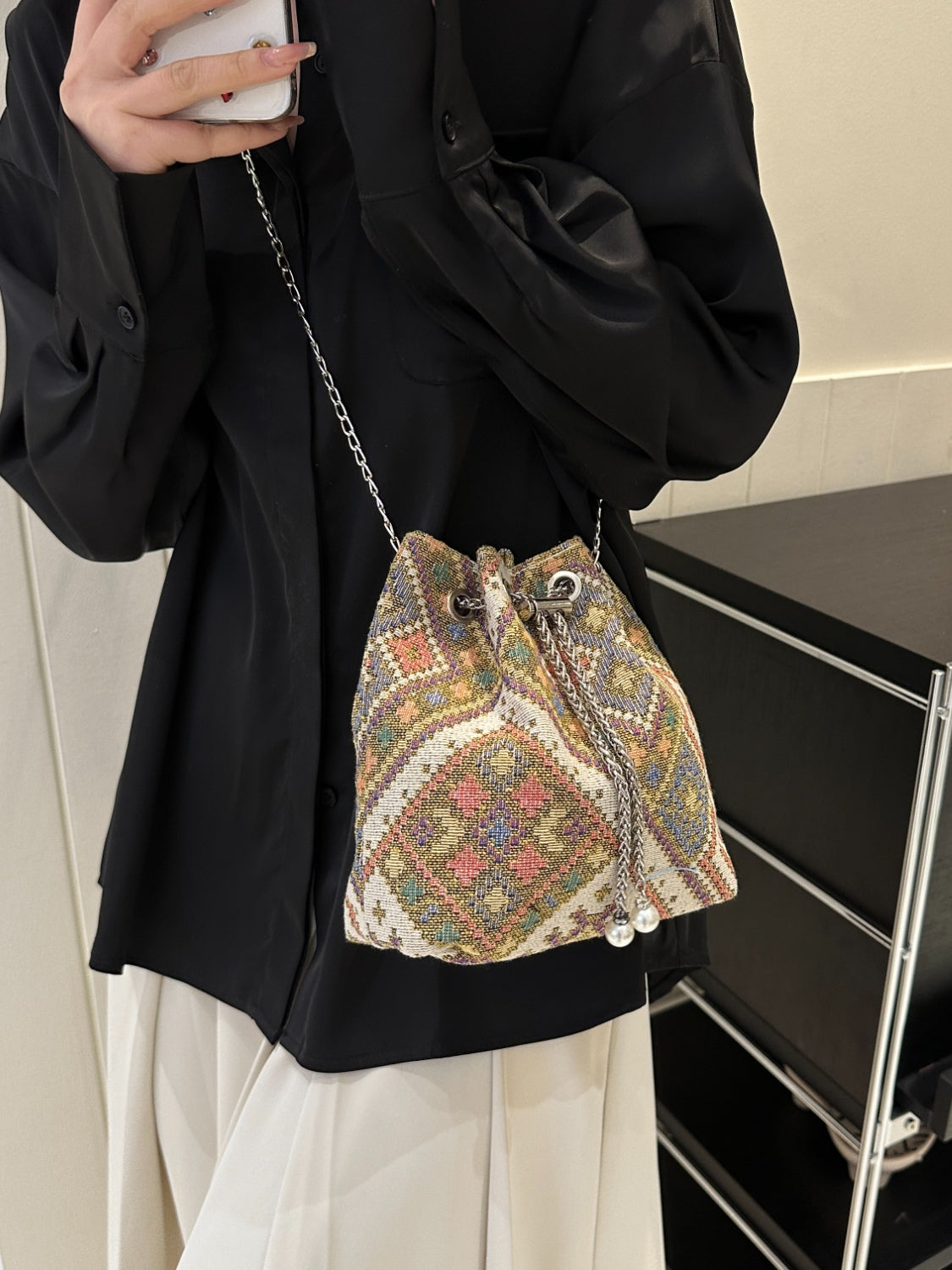 Printed Chain Bucket Bag