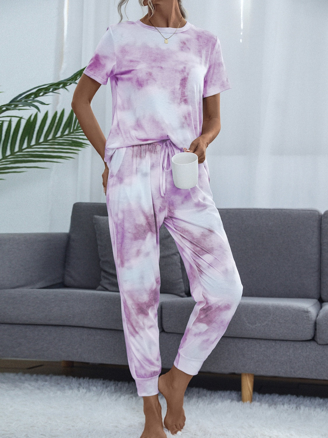 Tie-Dye Round Neck Top and Pants Lounge Set