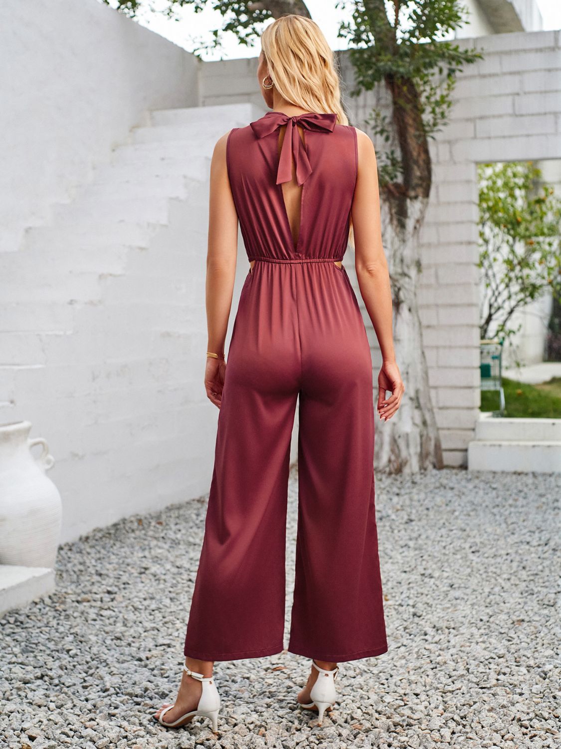 Cutout Tied Wide Leg Sleeveless Jumpsuit