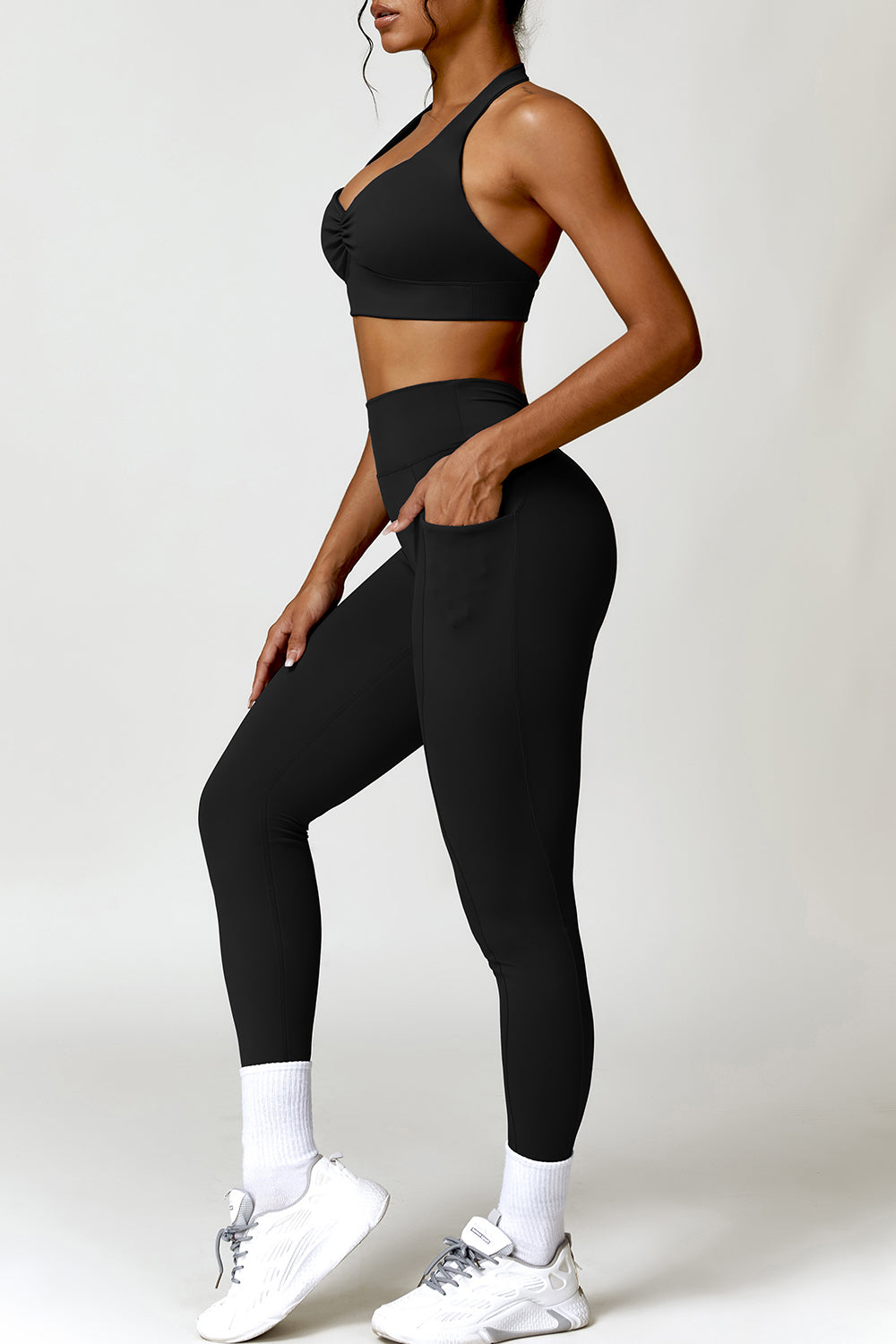 Ruched Halter Neck Bra and Pocketed Leggings Active Set