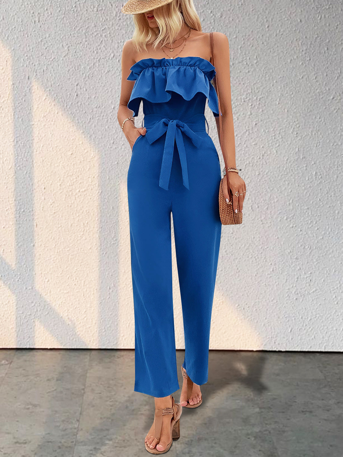 Perfee Ruffled Tie Waist Tube Jumpsuit