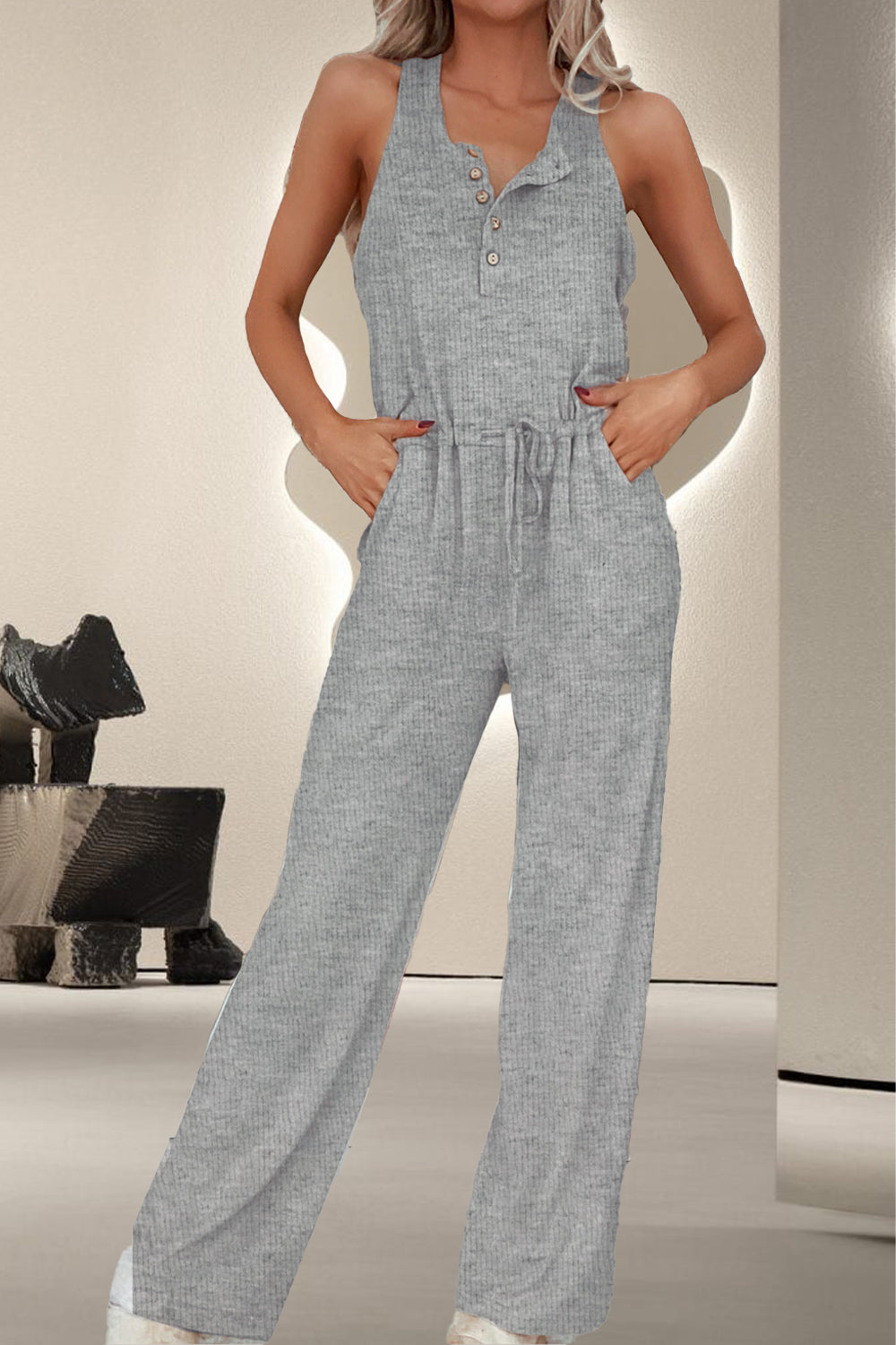 Drawstring Quarter Button Wide Strap Jumpsuit