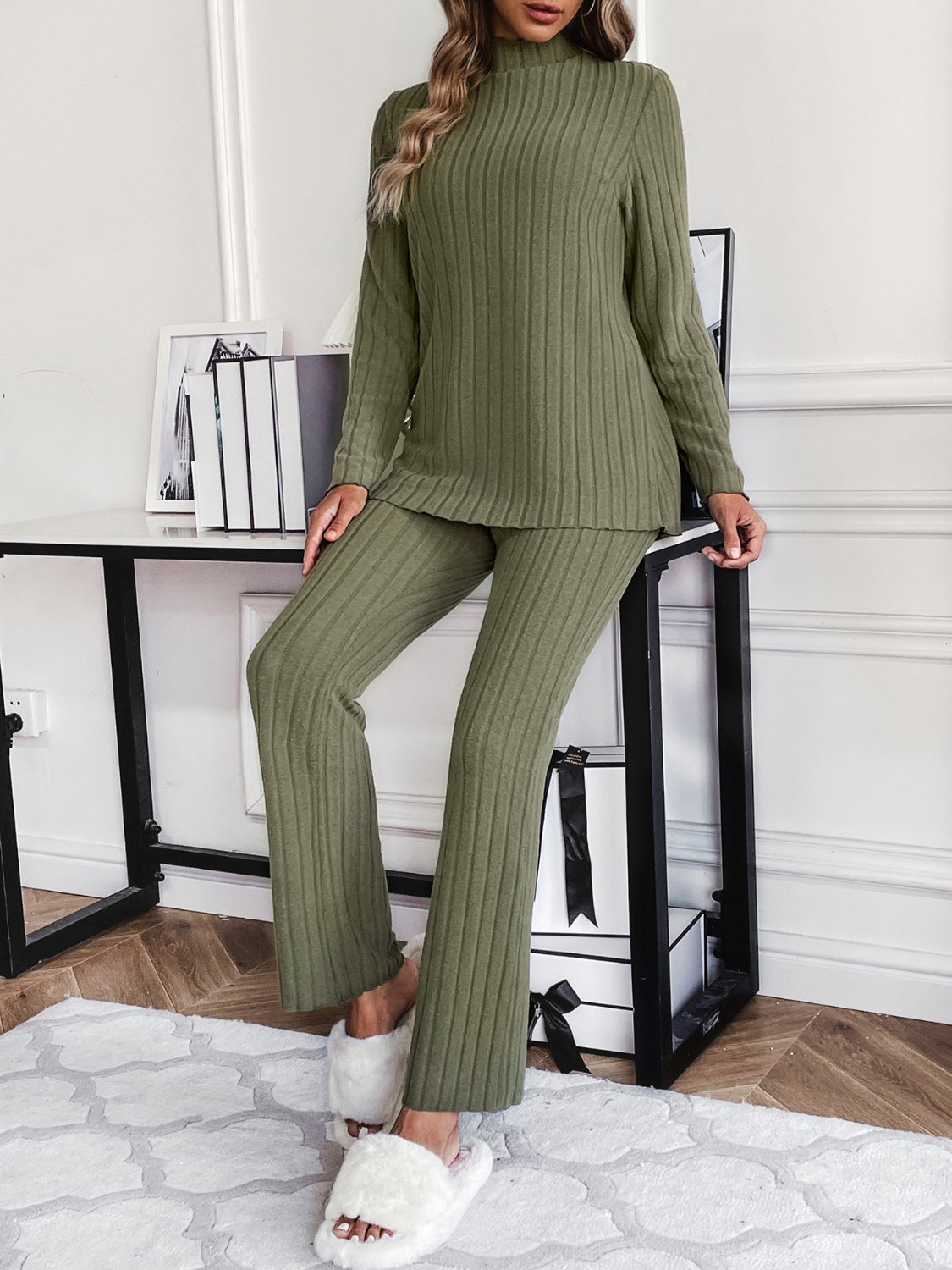 Mock Neck Long Sleeve Top and Pants Set