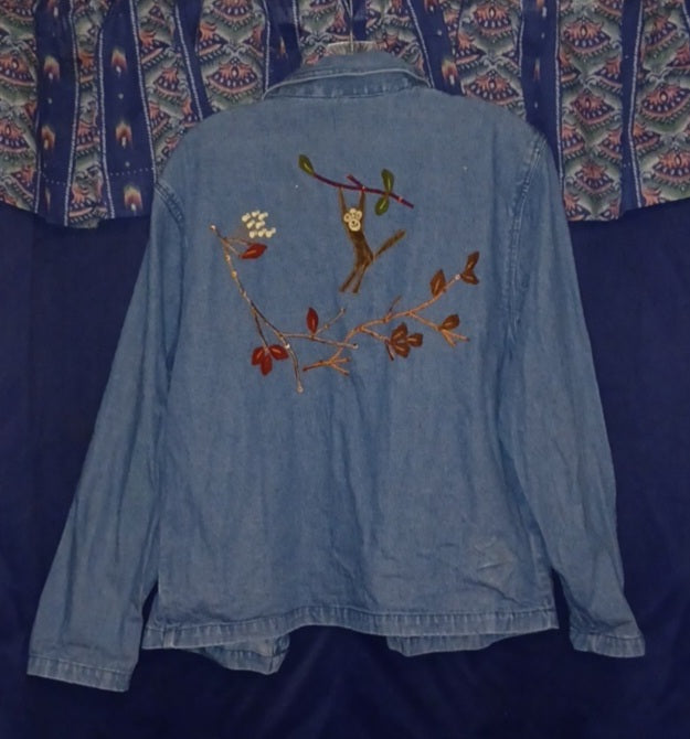 Adorable Stitched Monkey Design Blue Jean Jacket - Small