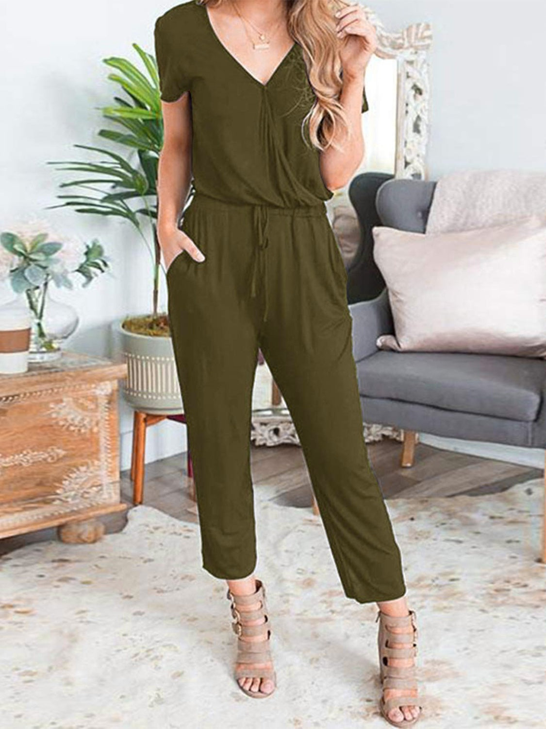 Shiny Drawstring Surplice Short Sleeve Jumpsuit