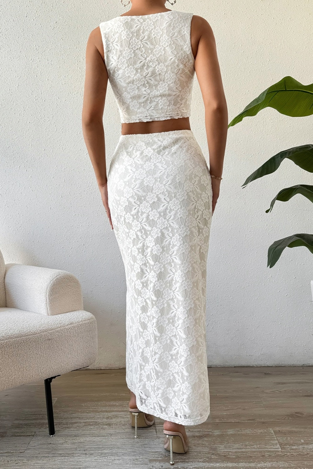 Honey Lace Round Neck Top and Slit Skirt Set