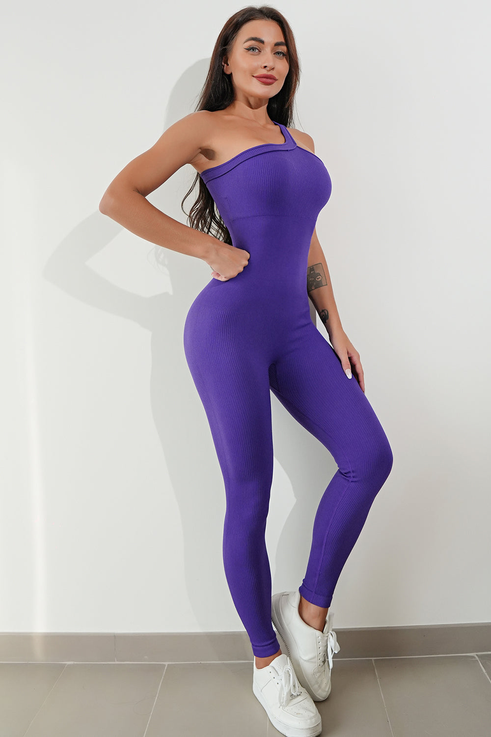 Asymmetrical Neck Wide Strap Active Jumpsuit