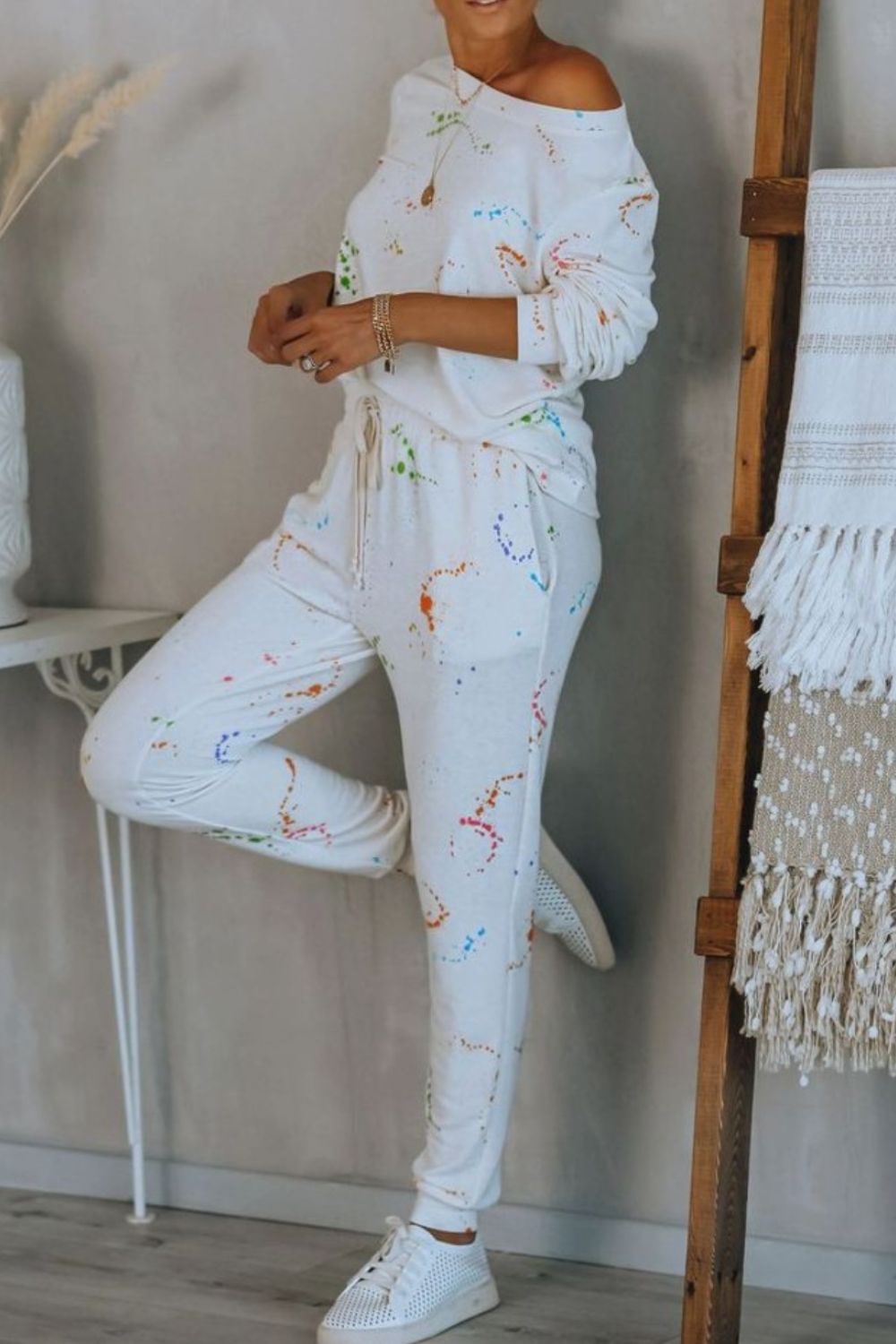 Splatter Print Round Neck Top and Drawstring Pants Set