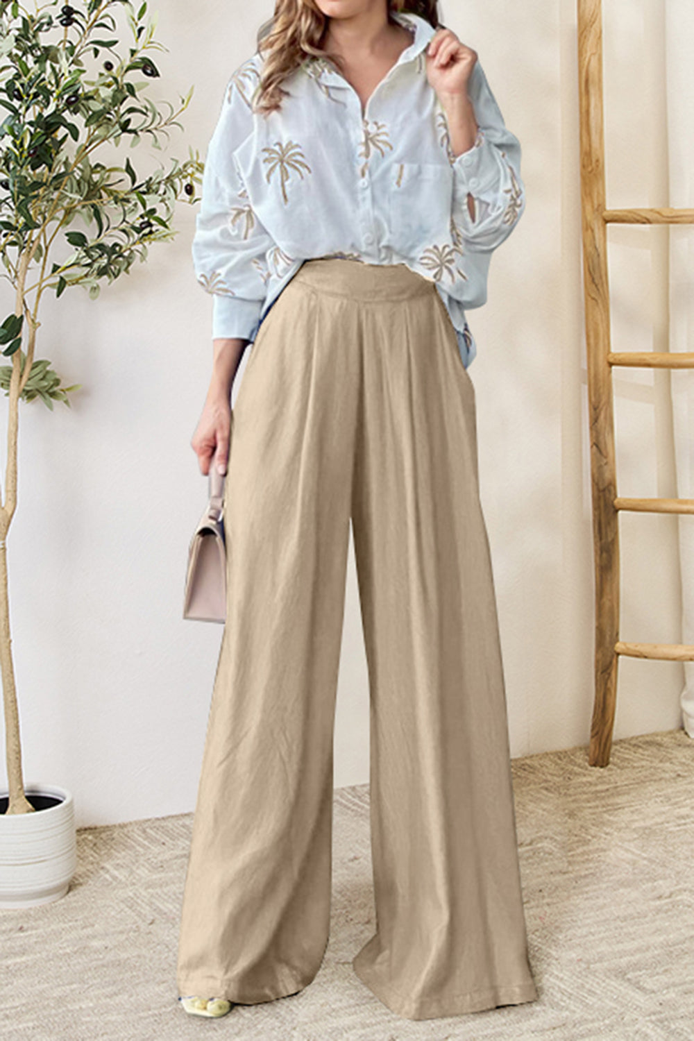 Pocketed Dropped Shoulder Shirt and Wide Leg Pants Set