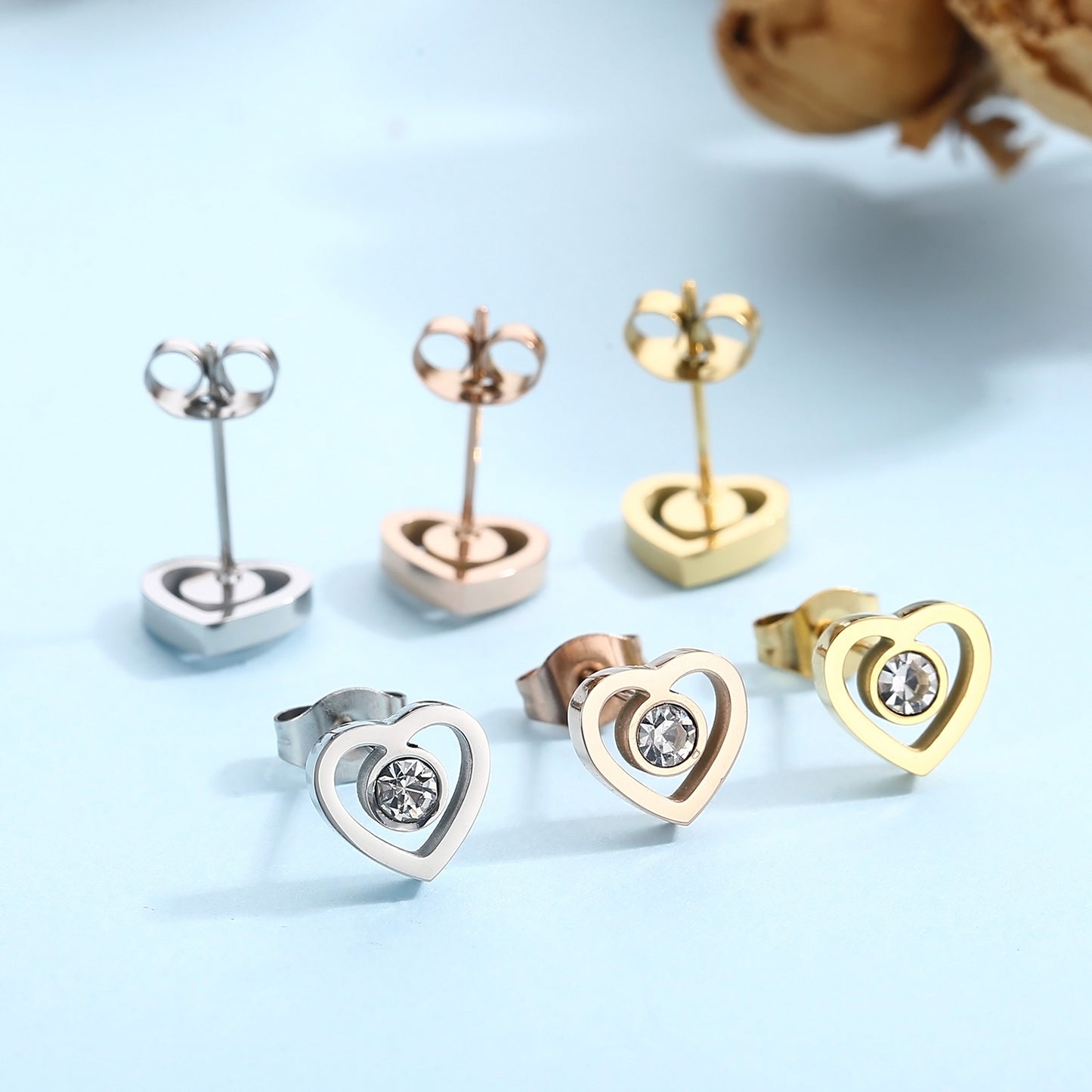 Inlaid Zircon Heart Necklace, Bracelet and Stud Earrings Jewelry Set