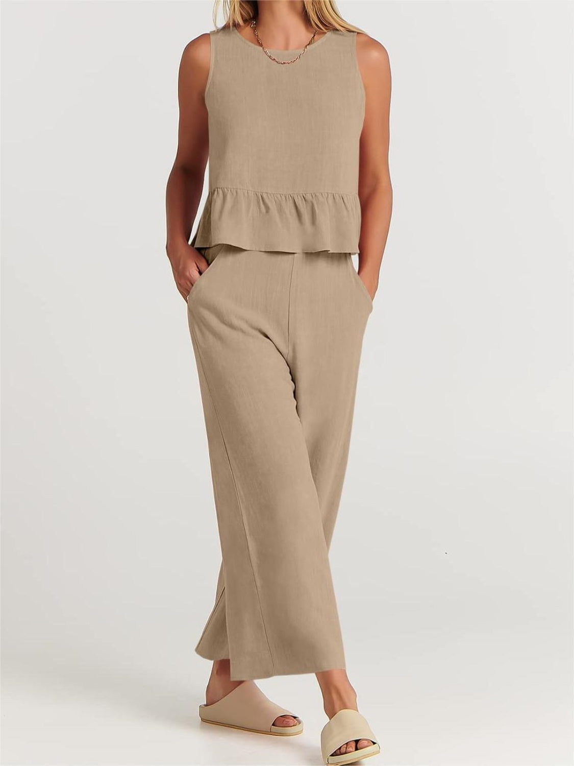 Full Size Round Neck Top and Wide Leg Pants Set