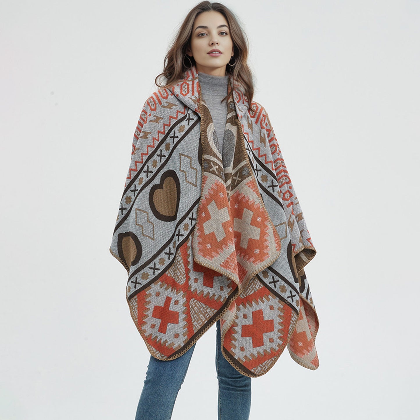 Jacquard Pattern Hooded Shawl