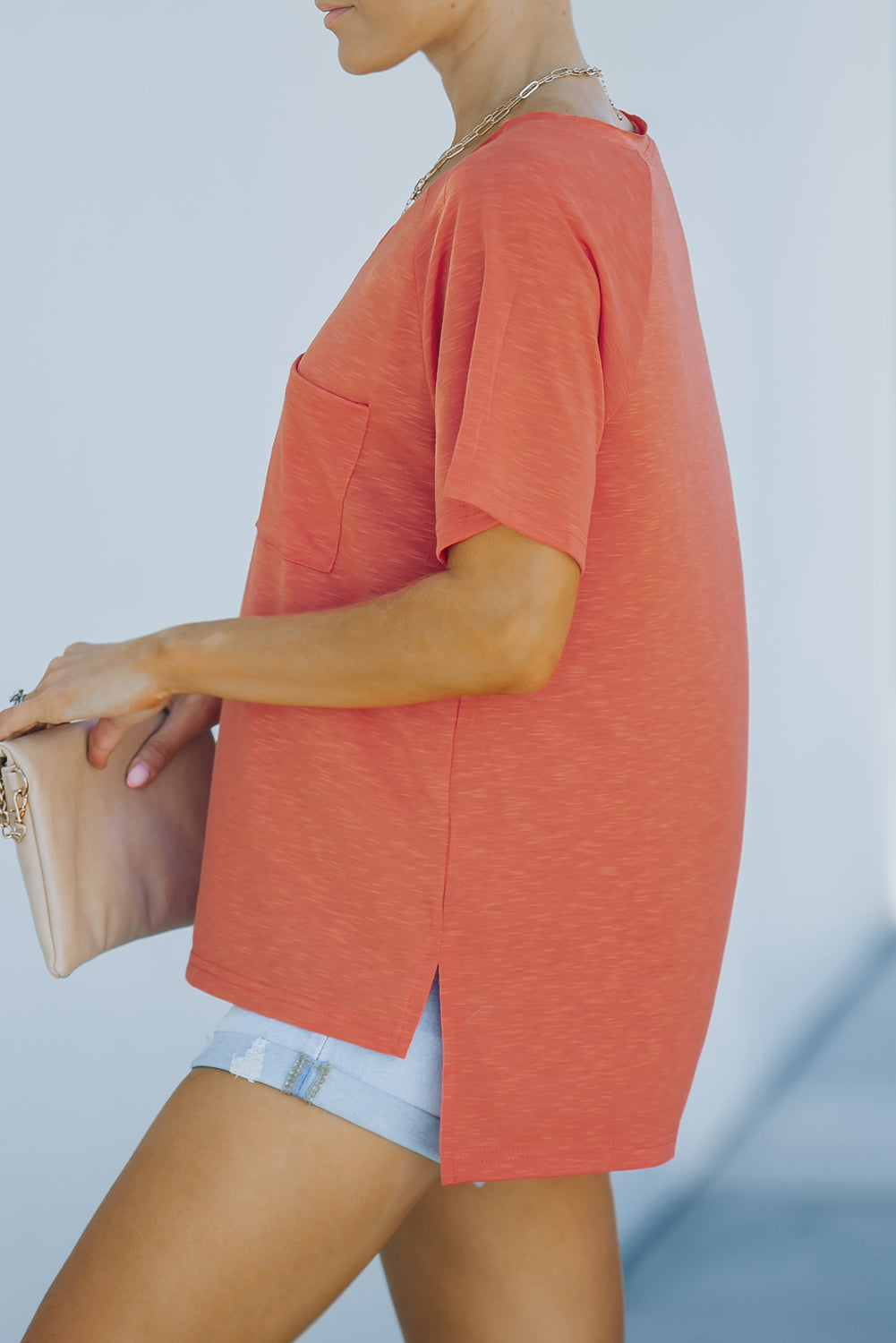 Heathered Slit V-Neck Short Sleeve T-Shirt