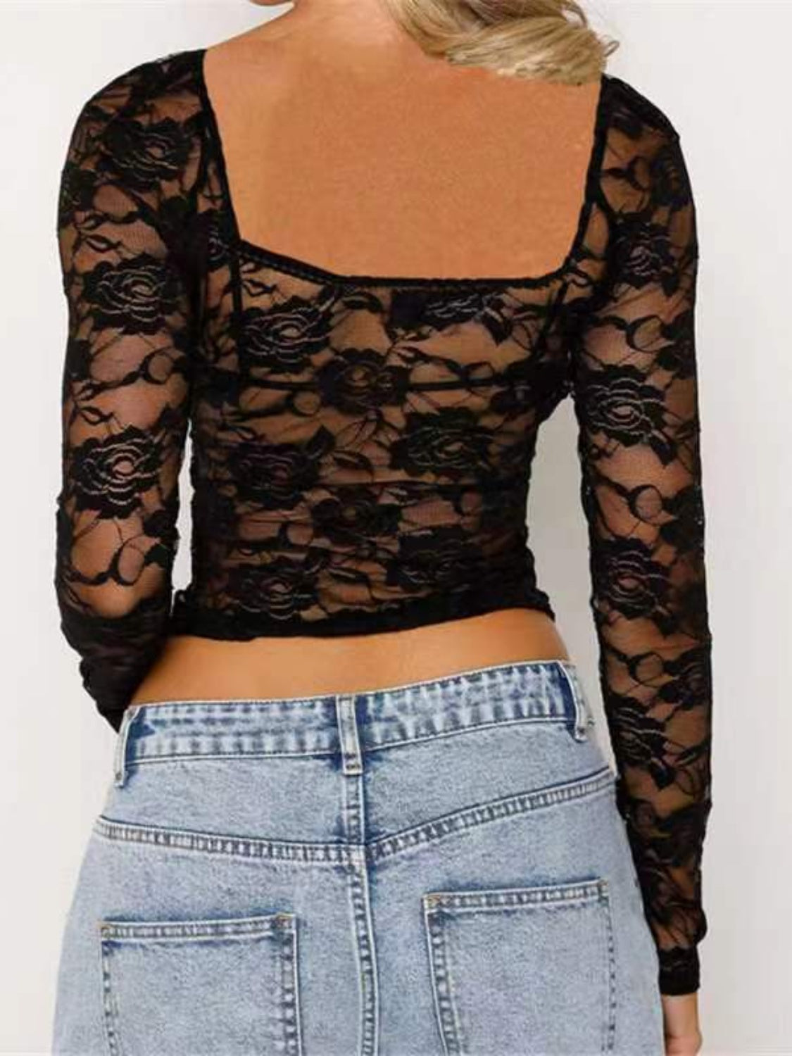 Lace Sweetheart Neck Long Sleeve T-Shirt
