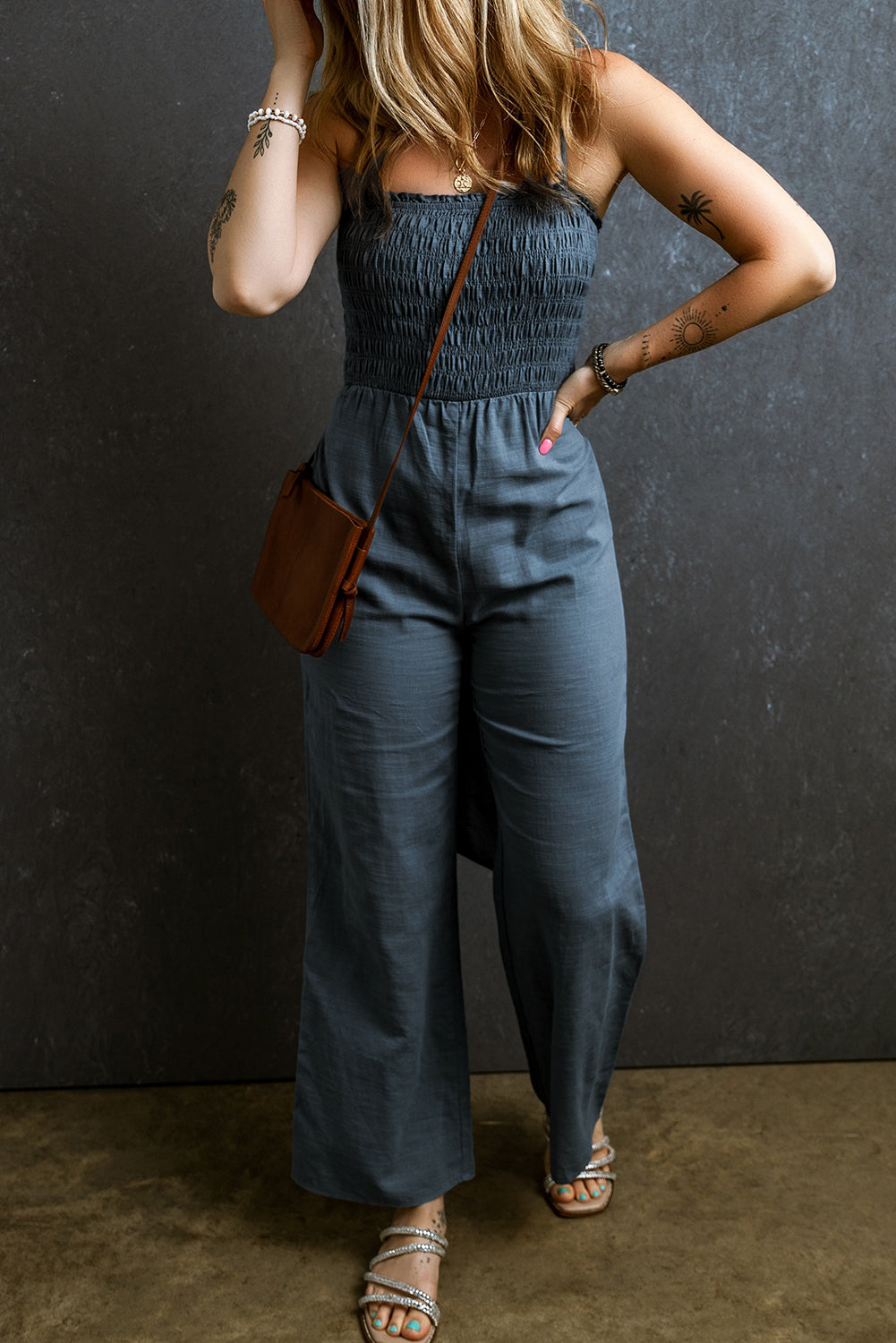 Tied Smocked Wide Leg Jumpsuit