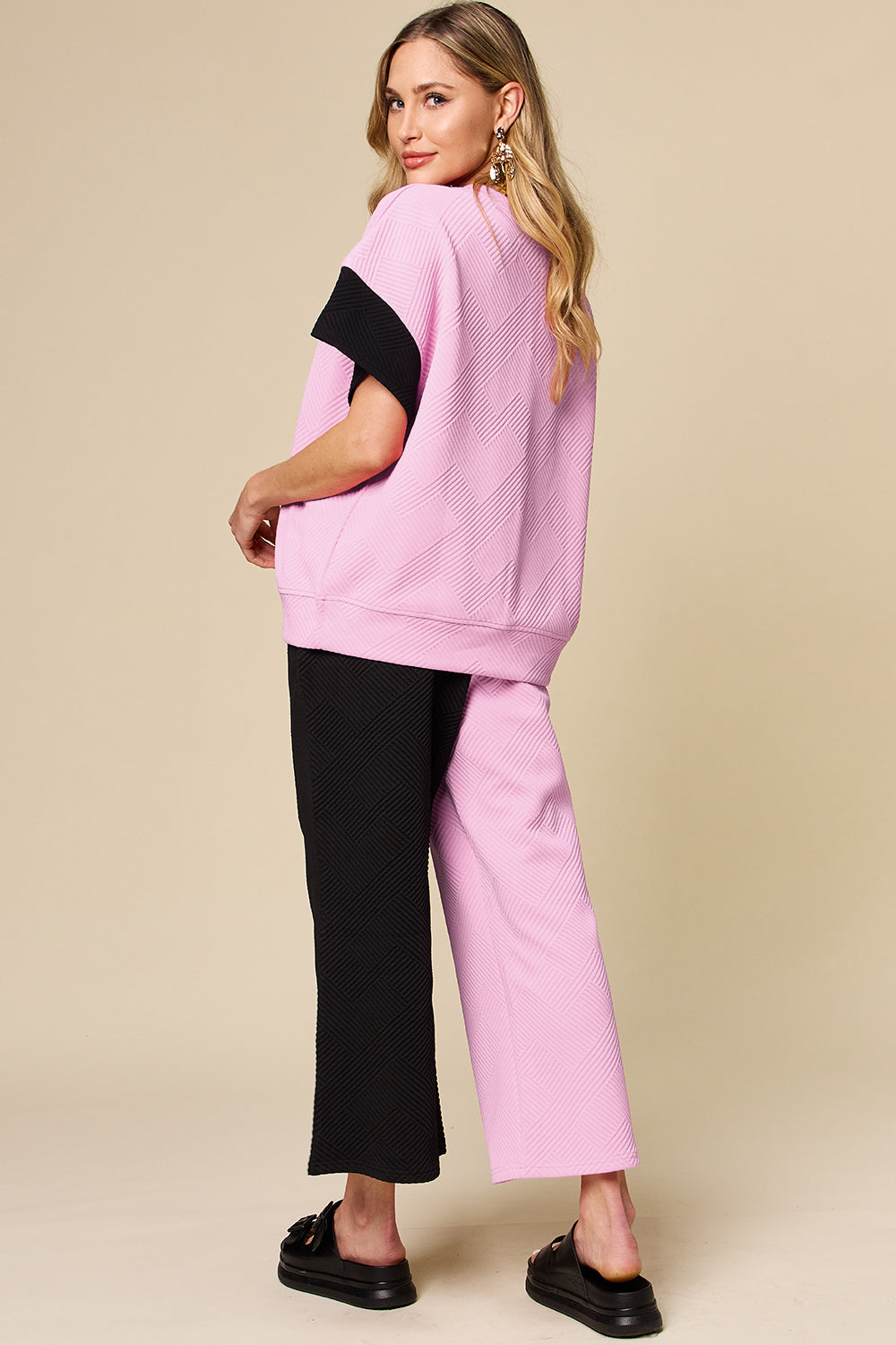 Double Take Full Size Texture Contrast T-Shirt and Wide Leg Pants Set