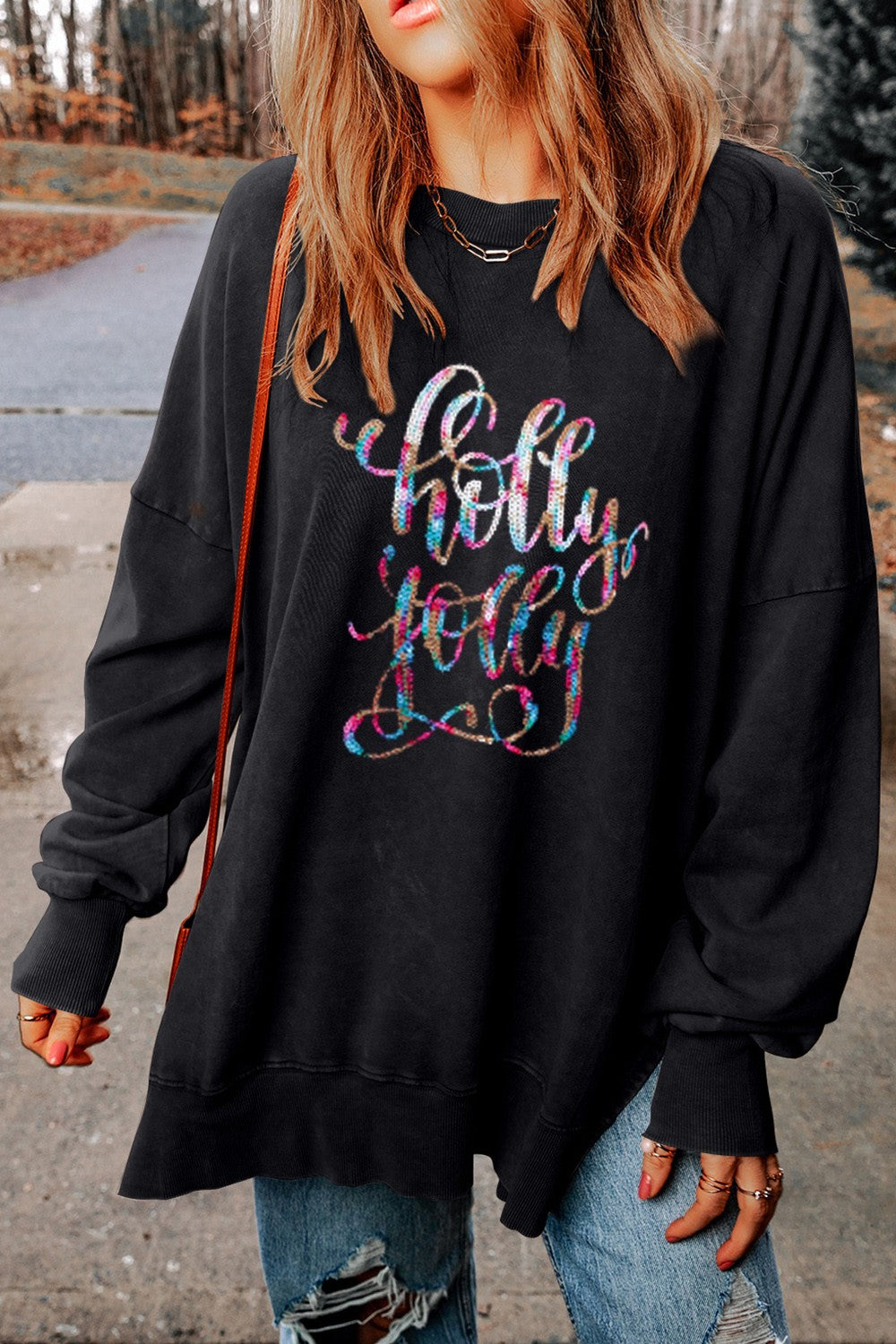 HOLLY JOLLY Sequin Round Neck Long Sleeve Slit Sweatshirt