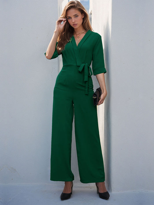 Perfee Surplice Half Sleeve Wide Leg Jumpsuit