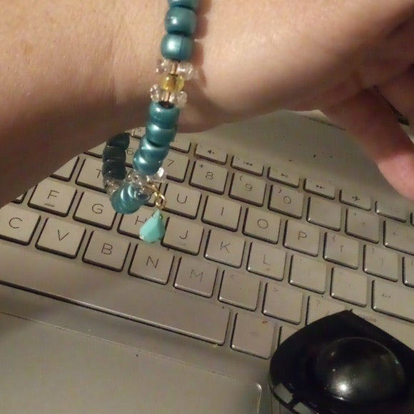 Handmade Teal Tear Drop & Beads on Leather Bracelet