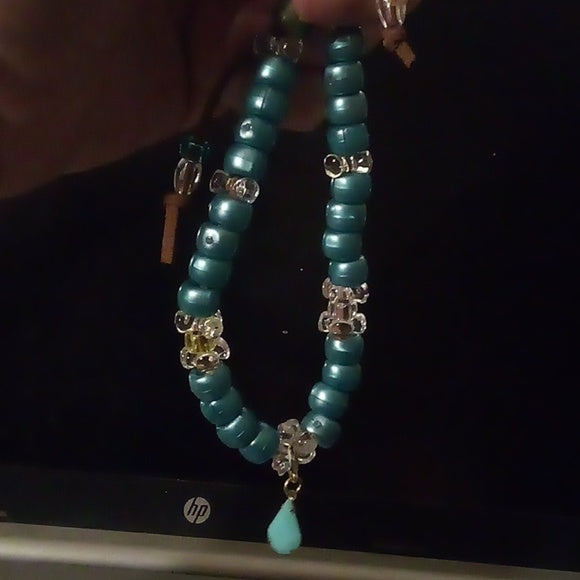 Handmade Teal Tear Drop & Beads on Leather Bracelet