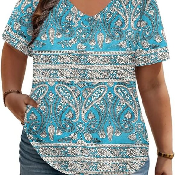 NWT ROSRISS Tunic Casual Summer V Neck Short Sleeve Tunics Blouse - Size 14W