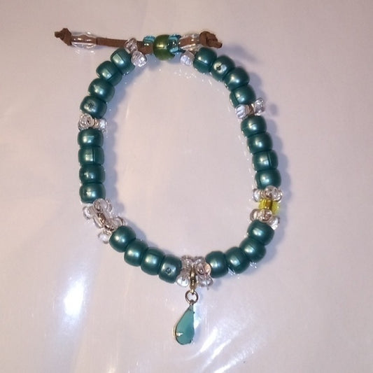 Handmade Teal Tear Drop & Beads on Leather Bracelet