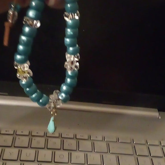 Handmade Teal Tear Drop & Beads on Leather Bracelet