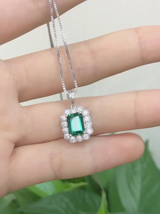 1.5 Carat Lab-Grown Emerald Pendant 925 Sterling Silver Necklace