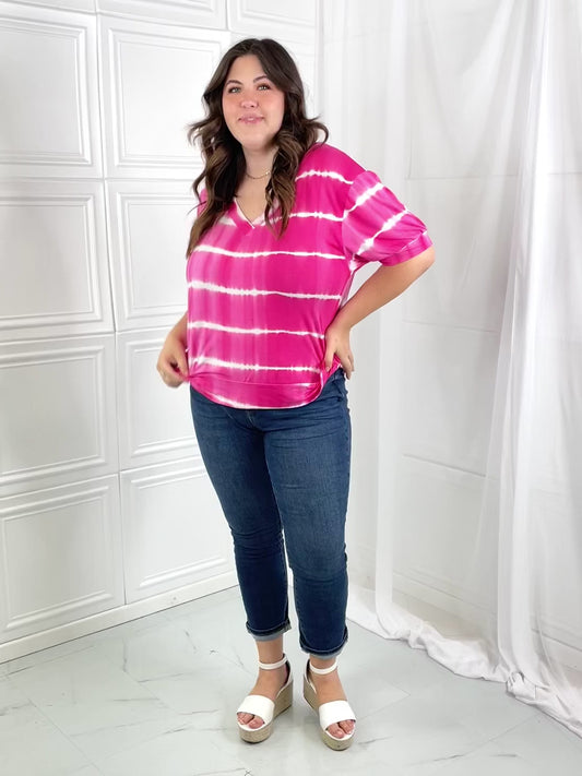 Yelete Full Size Oversized Fit V-Neck Striped Top