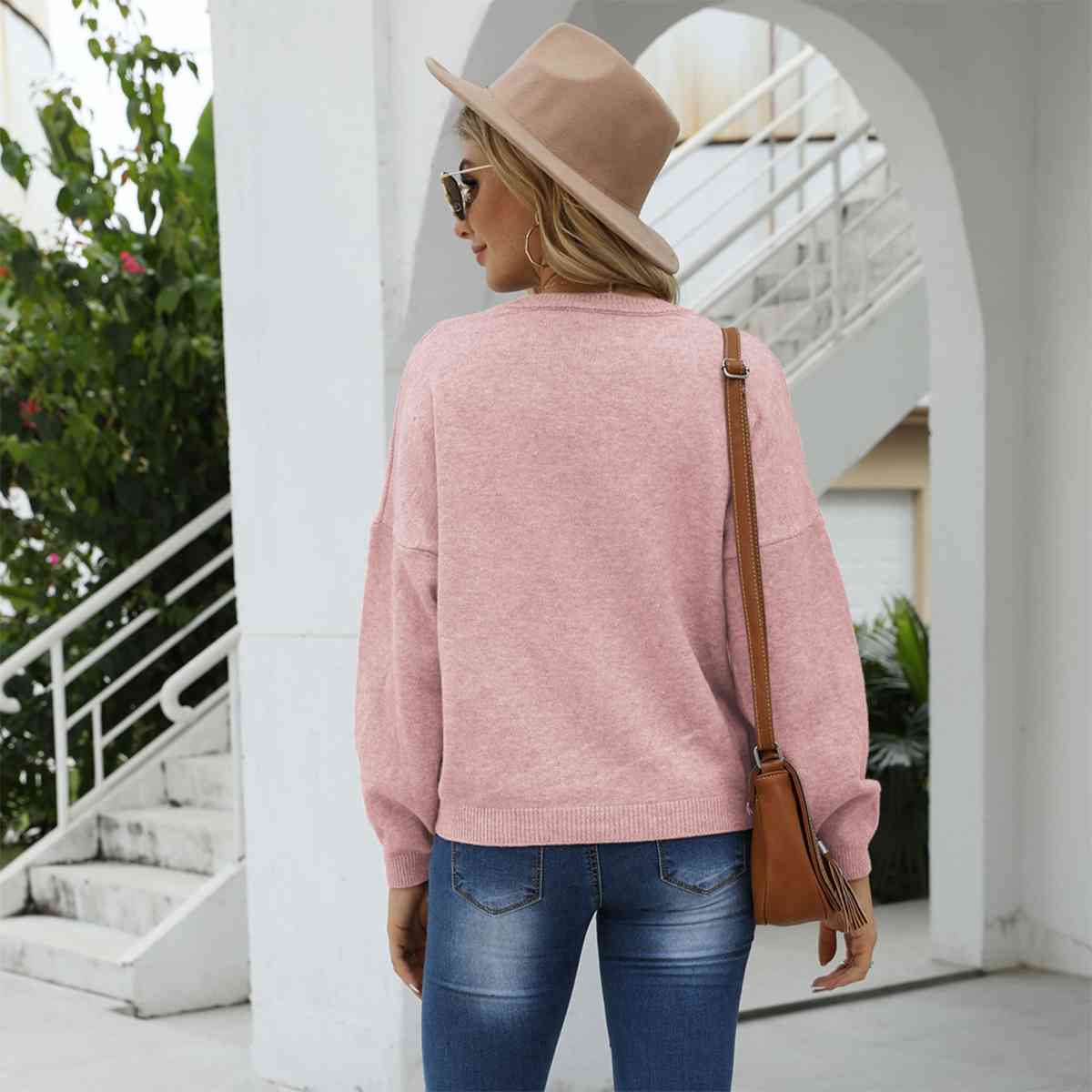 Round Neck Long Sleeve Drop Shoulder Sweater