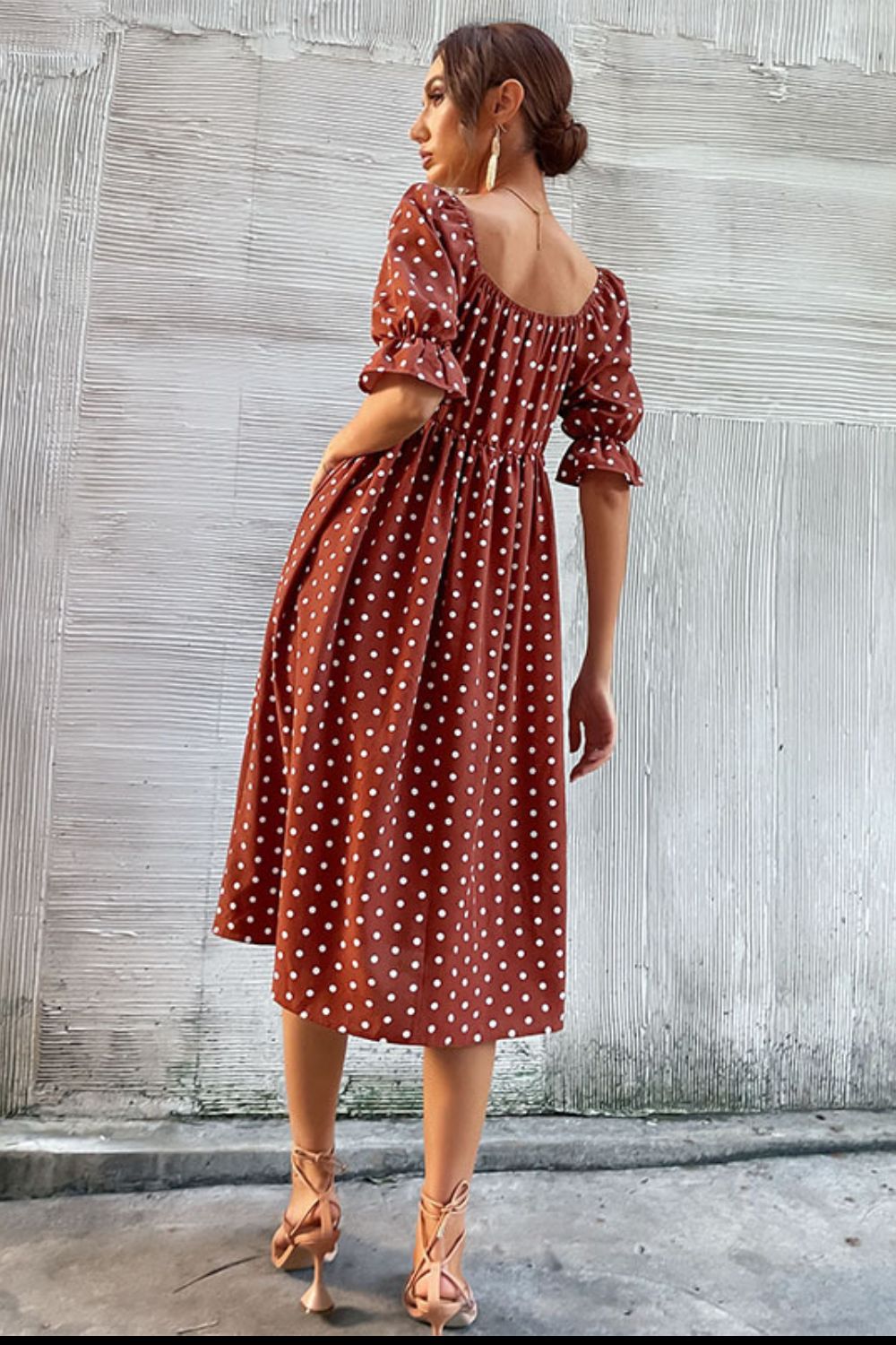 Polka Dot Square Neck Flounce Sleeve Dress