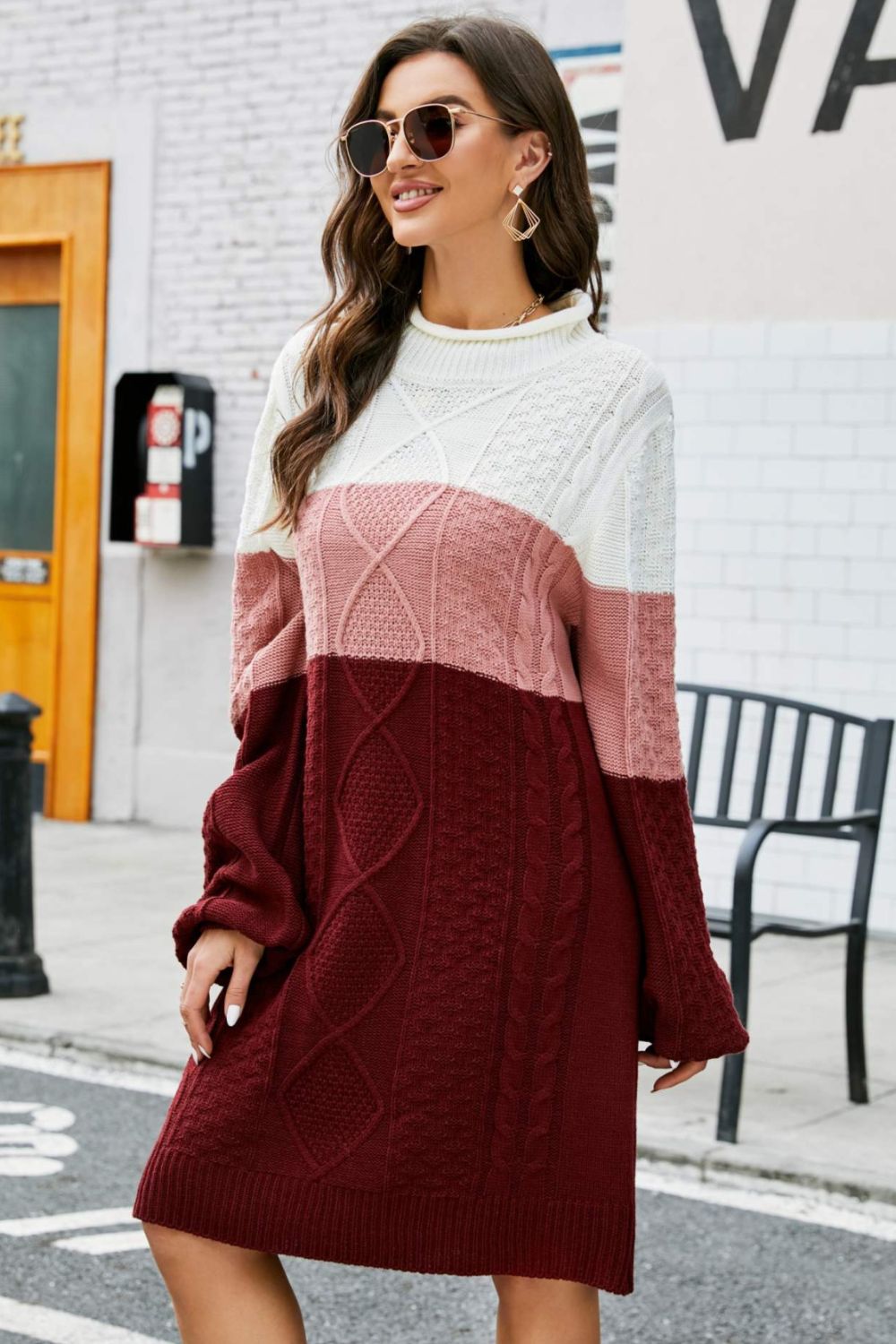 Color Block Mixed Knit Crewneck Sweater Dress