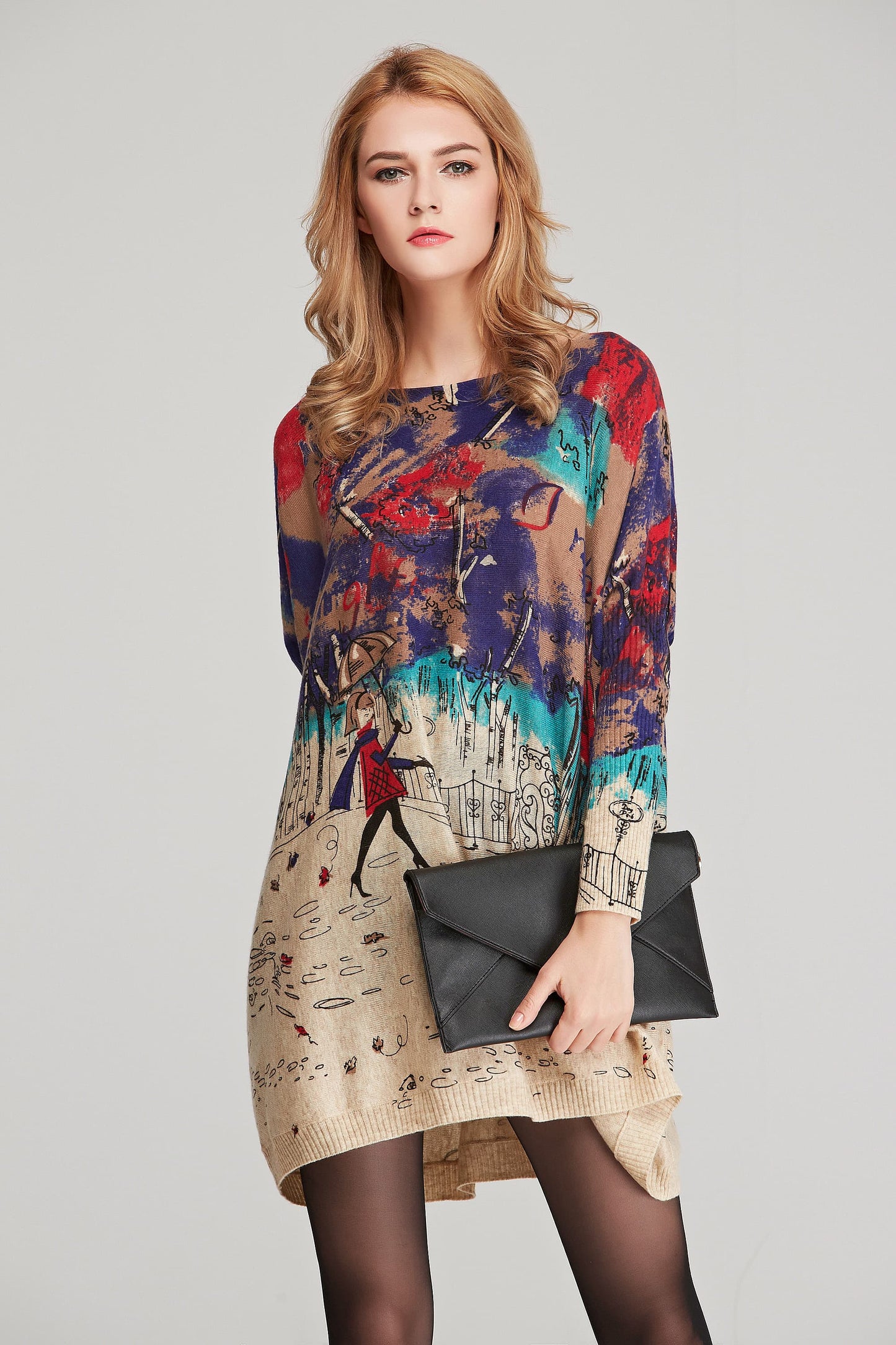 Printed Round Neck Longline Knit Top