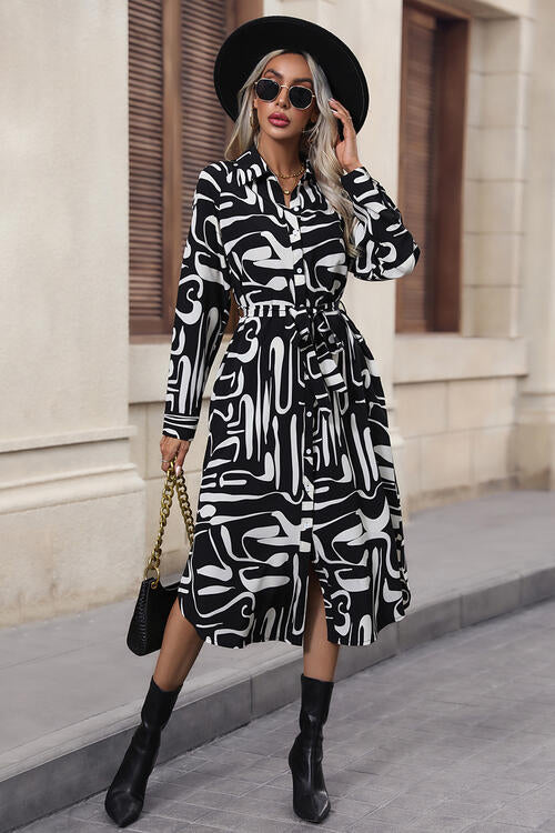 Printed Tie Front Collared Neck Slit Shirt Dress