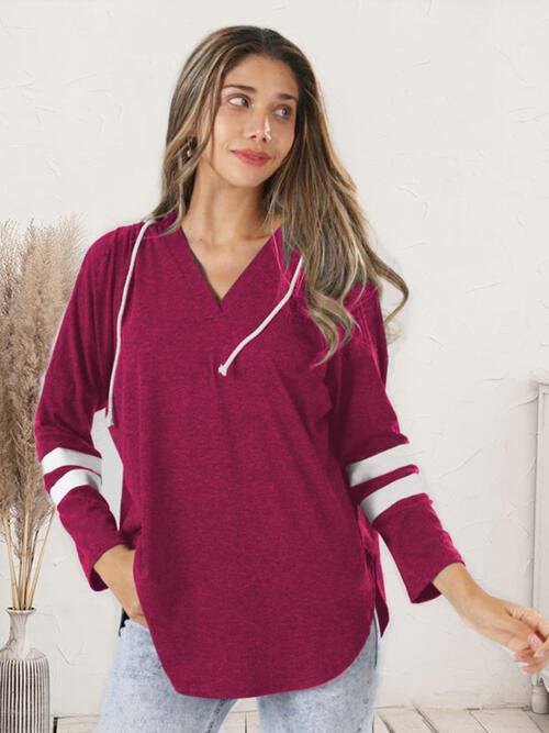 Striped V-Neck Drastring Hoodie