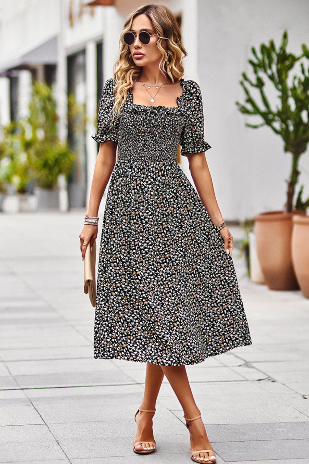 Floral Ruffled Square Neck Dress with Pockets