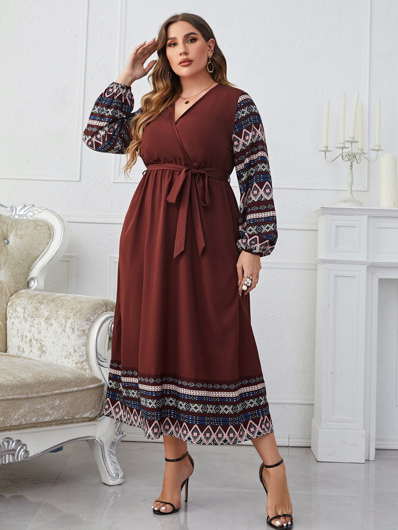 Plus Size Surplice Neck Tie Belt Balloon Sleeve Dress