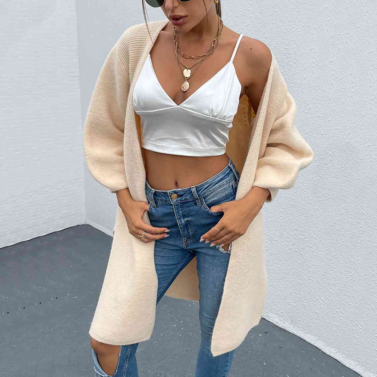 Open Front Slit Long Sleeve Cardigan