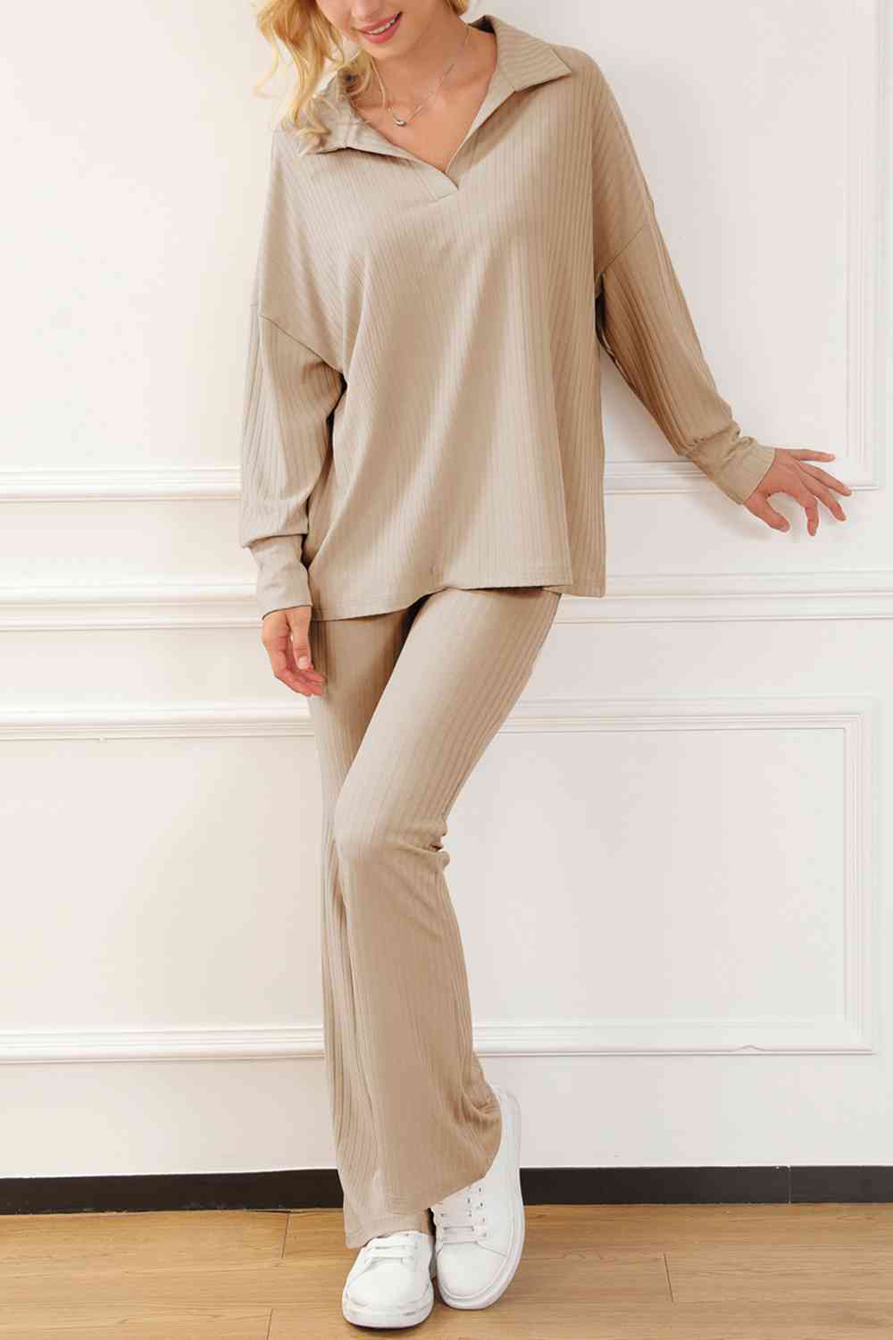 Collared Neck Drop Shoulder Top and Pants Set