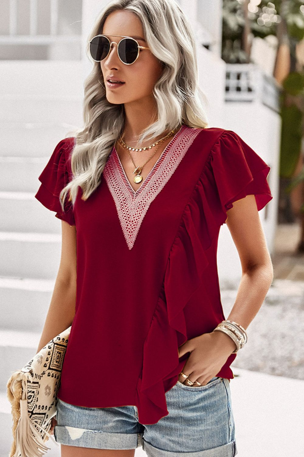 Contrast Ruffle Trim Flutter Sleeve Blouse