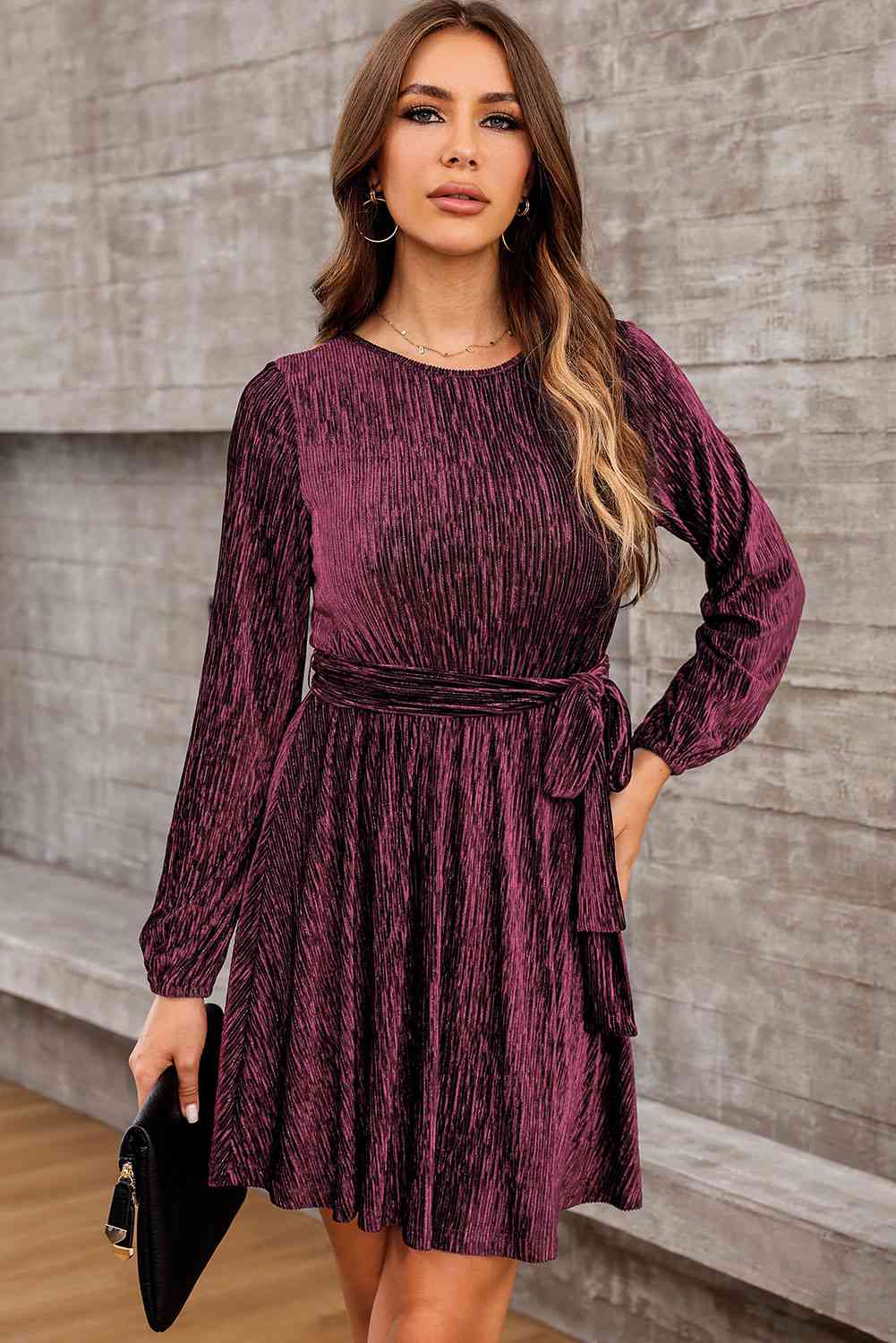 Round Neck Tie Front Long Sleeve Dress